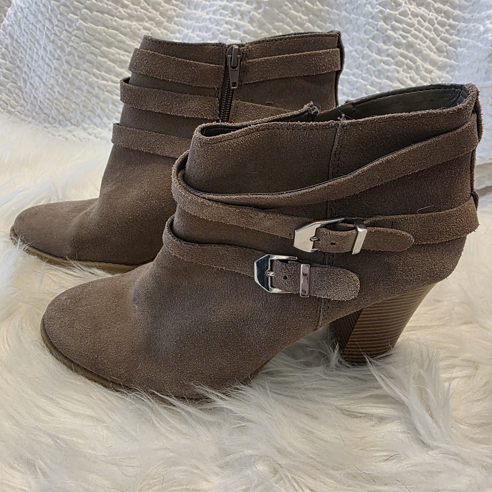 INC Tan Suede Ankle Booties with Buckle Detail